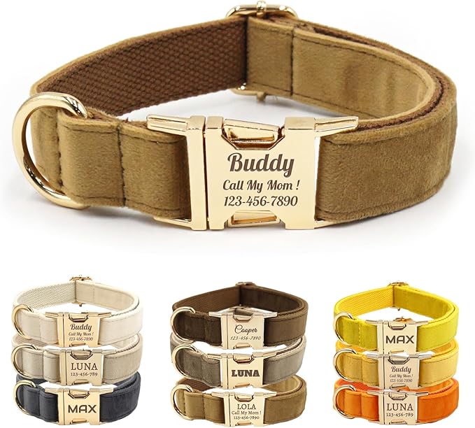 Velvet Personalized Dog Collar with Name - Customizable Dog Collar with Quick Release Metal Buckle - Leash and Bow Tie Available (Tan, XS)