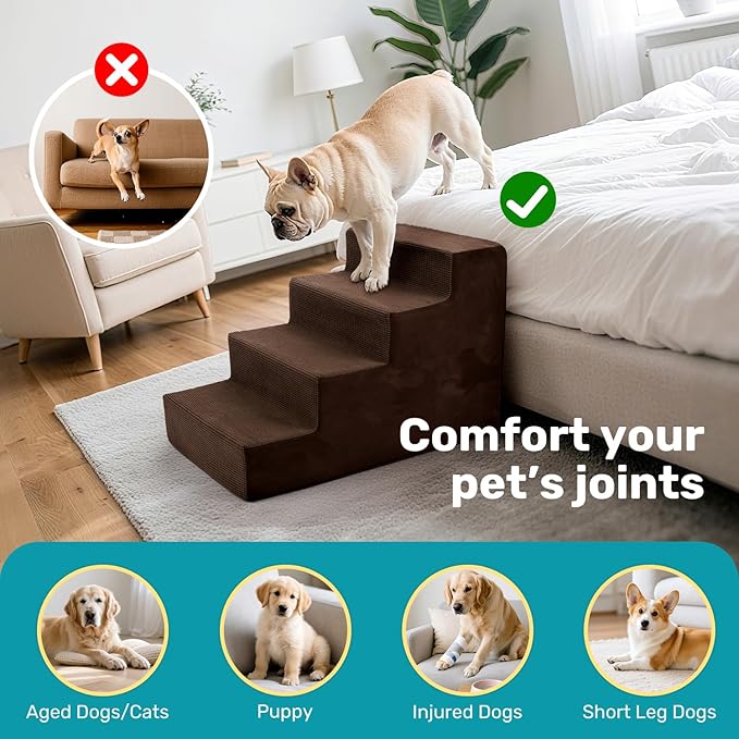 Dog Stairs for Bed, Extra Wide 4-Step Dog Steps for High Bed, High-Density Foam Pet Stairs with Non-Slip Removable Washable Cover for Small Pets, 18" H, Brown