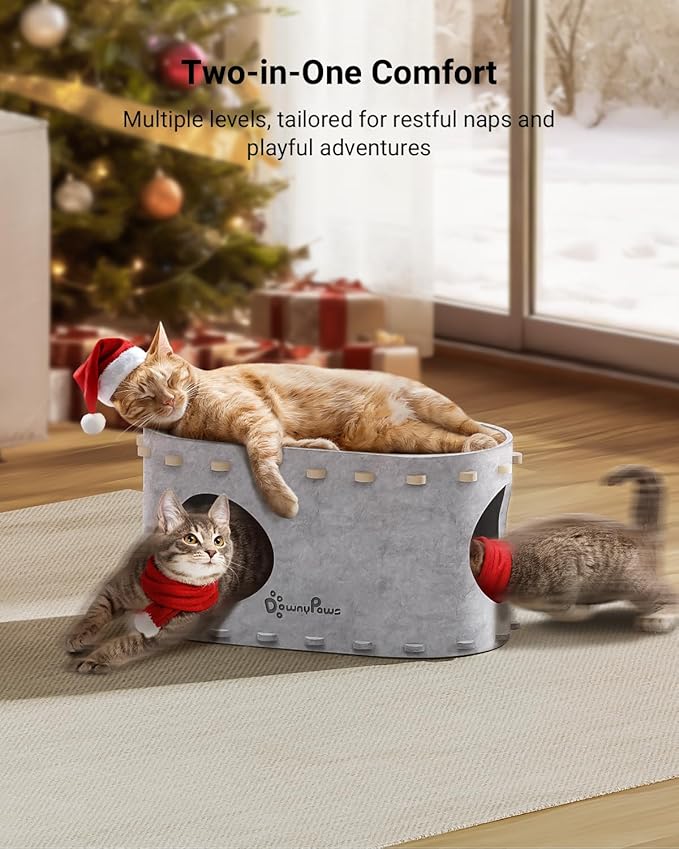 DownyPaws Cat House for Indoor Cats, Cat Bed Cave for Multiple & Large Cats Up to 22 Lbs, Scratch Resistant Peekaboo Cat Caves, Foldable Tunnel Enclosed Bed, PeekaPurr, Marble