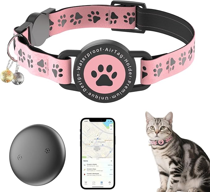 GPS Tracker for Cats, Waterproof GPS Cat Trackers Cats Collar with Bells, No Subscription, GPS Cat Collar, Adapt with Apple Find My (iOS Only) Finder Tag for items Pets Christmas Gift (PINK)