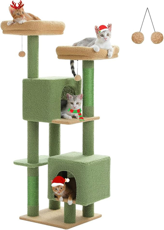 Cactus Cat Tree, 52.4 Inch Multi-Level Cat Tower for Indoor Cats with Dual Padded Top Perches, 2 Condos & Scratching Posts, Plush Cat Furniture for Kittens and Medium Cats, Green