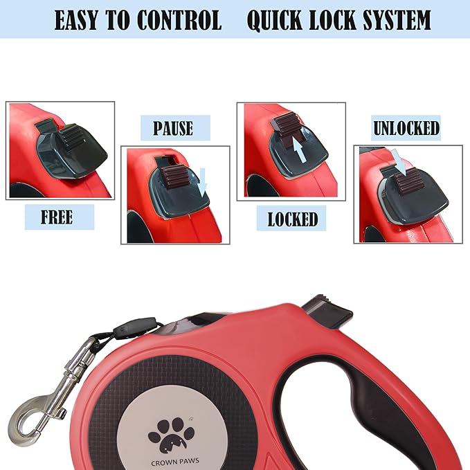 16 ft Retractable Dog Leash for Extra Large Dogs up to 130 lbs,Tangle-Free Nylon Tape,Red Dan24 XL