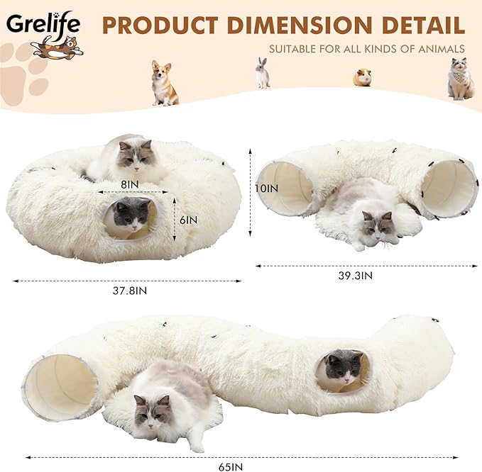 Grelife Cat Tunnel Bed for Indoor Cats, Large Cat Tunnel Christmas Tree Skirt, Cat Donut Tunnel Toys with Soft Plush, for Cats, Kittens, Small Pets(33.52")