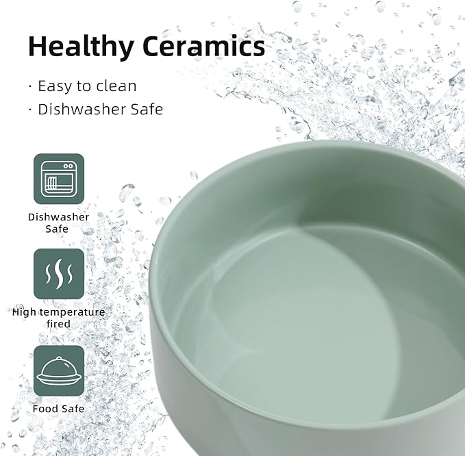 Ceramic 7.3inch Raised Double Bowls Set with Wooden Stand, Food & Water Bowls for Medium Breed Dogs, Weighted Dog Dishes, Pet Feeder(Light Green)