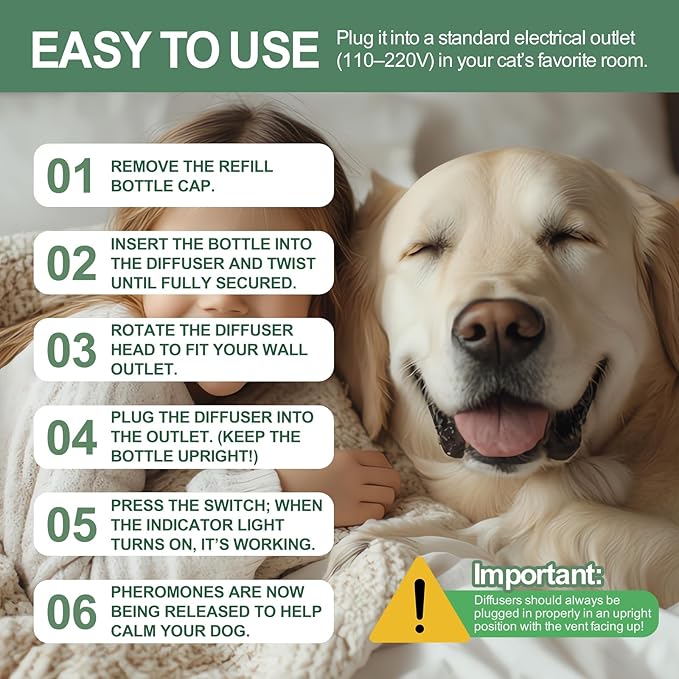 4-Pack Dog Calming Diffuser Kit (1 Diffuser + 3 Refills), Plug-in Pheromone Calming Diffuser for Dog, 90-Day Supply, Covers 700 sq ft, Safe & Odorless Stress Relief Solution, Promotes Relaxed Behavior