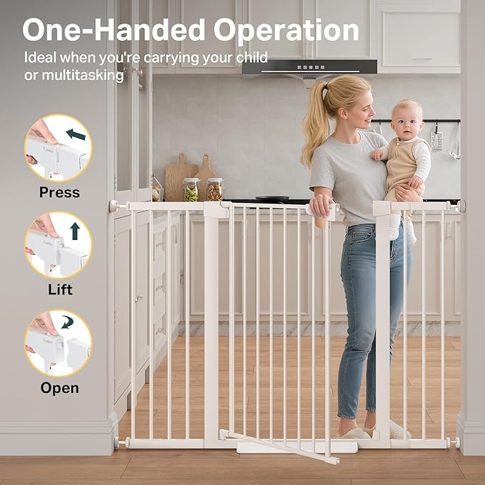 Cumbor 36" Extra Tall 29.7"-51.5" Baby Gate for Stairs, Easy Wall Through Dog Gates for Doorways Extra Wide, Pressure Mounted Tall Pet Gate Indoor, Safety Auto-Close Child Gate for Kids, White