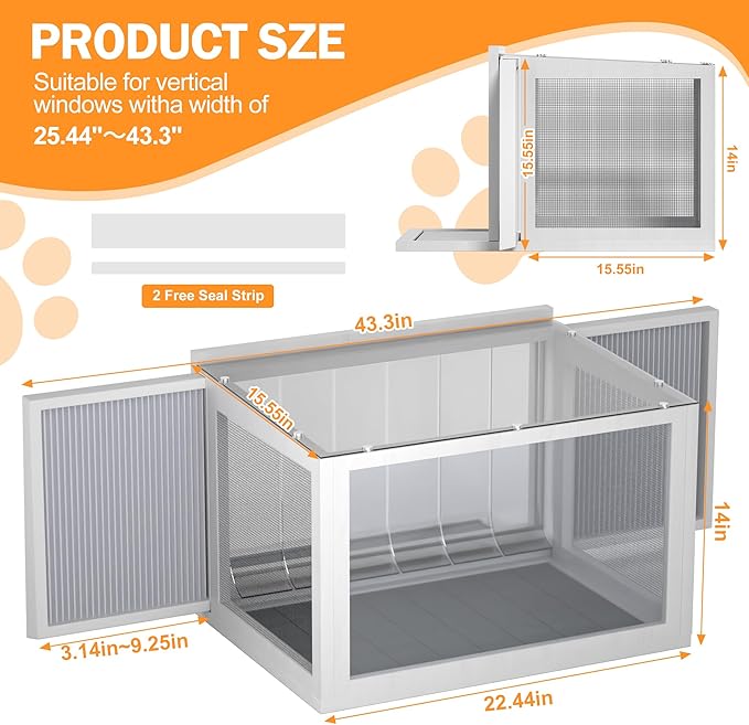Cat Window Box Catio, Outdoor Indoor Cat Enclosure with Clear Panels, Mesh Sides & PVC Curtain, Universal Window Perch for Windows 25"–43", Window Catio for Sunbathing, Napping & Overlooking,Grey