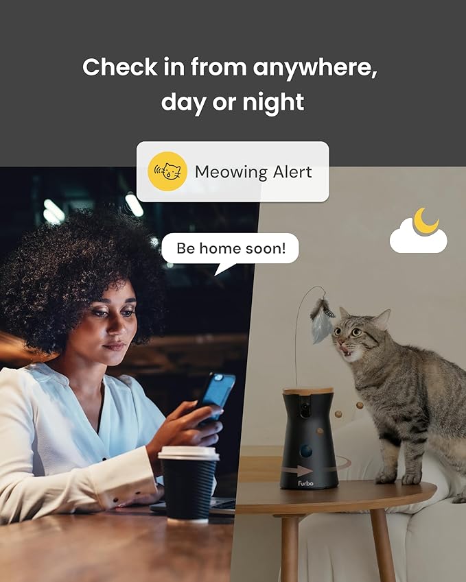 Furbo 360° Cat Camera: Pet Security Cam w/Meowing Alerts, Rotating View, Treat Toss w/Phone App, Smart Home Kitty Monitoring, 2-Way Speaker, No Subscription Needed. Standard See, Talk, & Toss Features