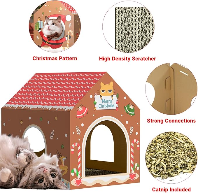WESTERN HOME Christmas Cardboard Cat House W/Scratcher, Gingerbread Man Indoor Cat House for Christmas Decorations, Hideway Playhouse for Kitten&Small Animal (Brown, 16.5" x 12.5" x 15.5")