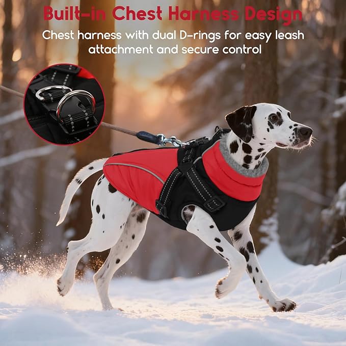 ASENKU Reflective Dog Coat with Built-in Harness, Windproof Fleece-Lined Dog Jacket for Small, Medium, Large Dogs, Warm Winter Vest with Turtleneck & Zipper (Red 3XL)