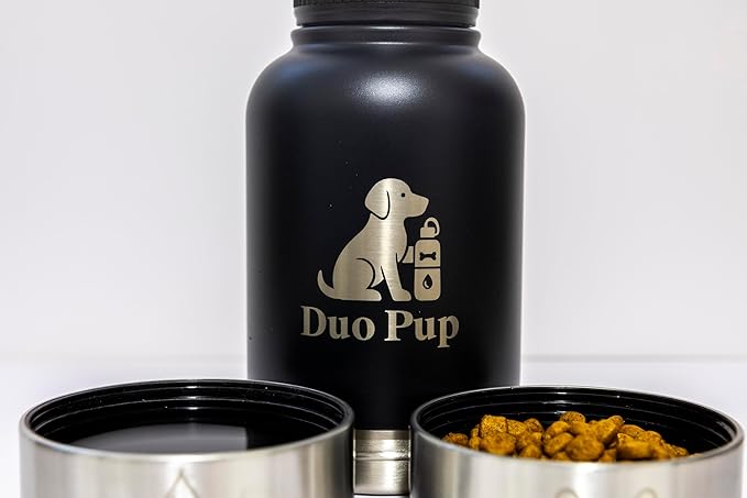 DuoPup 32oz Insulated Stainless Steel Pet Water & Food Bottle – Portable Leak-Resistant Dispenser with Two Detachable Bowls & Carrying Strap – Travel, Hiking & Outdoor Pet Hydration – Pink