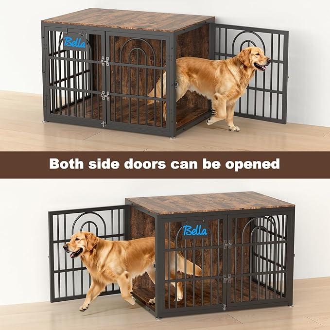 42" Dog Crate Furniture, Heavy Duty Dog Crates, Dog Kennel Furniture Indoor for Large Dog as TV Stand, Wooden Cage End Table for Indoor Decoration, Name Tag Escape-Proof Locks & Double Door