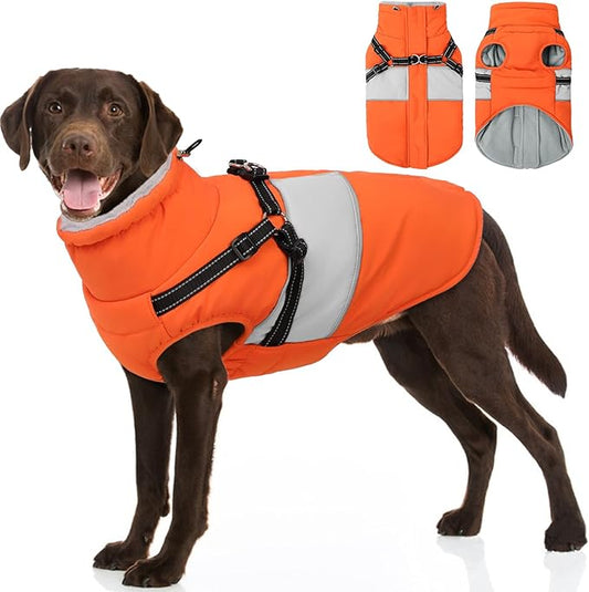 SUNFURA Dog Coat, XXL Dog Jacket Winter with Harness Built in, Waterproof Pet Snow Jacket with Furry Collar for Chilly Day, Reflective Fleece Snowsuit for Extra Large Dogs, Orange 2XL