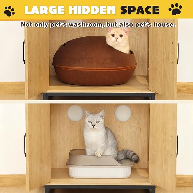 Cat Litter Box Enclosure with 2 Storage Shelves, 2-in-1 Large Hidden Wooden Pet House Furniture with Scratching Mat/Feeding Station/House Condo, Cat Cabinet with Barn Door for Entrance (Shelves)