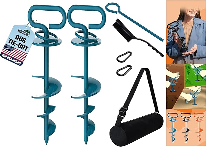 Eurmax USA Dog Tie Out Stake Triple Lock Heavy Duty Dog Anchor for Large Dogs Trampoline Stakes Dog for Yard and Outdoor Dog Runner Install & Travel Kit Included,2-Pack(Navy Blue)