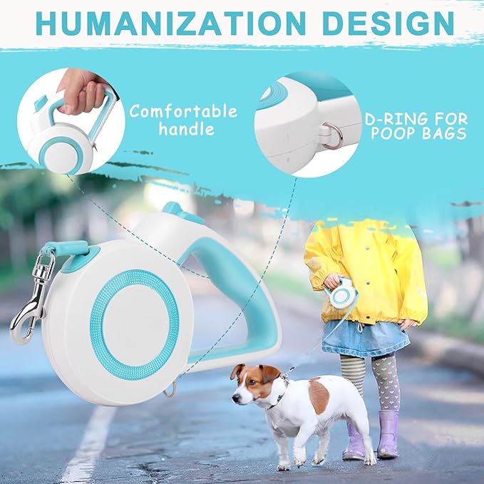 16Ft Retractable Dog Leash,Night Reflection,Light Weight Leash for Small to Medium Dogs/Cats,Stainless SteelSpring,Strong Nylon Tape,One-Handed Brake(Blue-White)