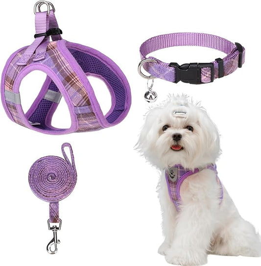 EXPAWLORER Classic Plaid Step-in Dog Harness with Adjustable Collar, Soft No-Pull Vest, Reflective, Purple