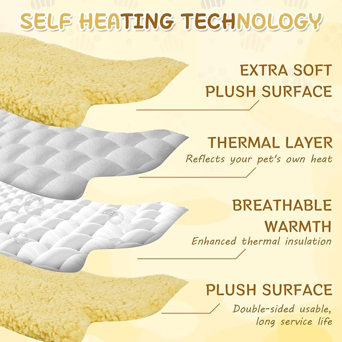 3 Pack Self Warming Cat Dog Bed Leaf Shape Self Heating Pet Mat Non Electric Washable Thermal Sleeping Pad Plush Heated Pet Mat for Crate Floor Indoor Outdoor (Light Yellow,Large-19 x29)