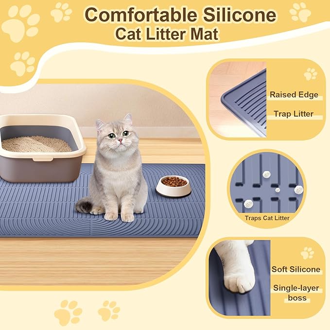 Cat Litter Mat Extra Large 40"x28" Silicone Waterproof Litter Trapping Mat for Litter Box, Non-Slip Urine-Proof Kitty Litter Box Mat with Deep Grooves, Easy Clean Scatter Control Pet Mat (Gray)