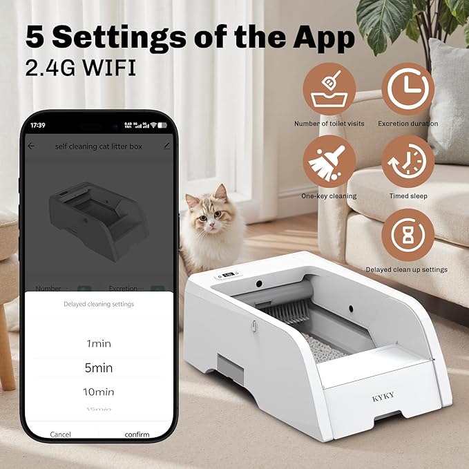 Self Cleaning Litter Box, Upgraded Automatic Cat Litter Box Self Cleaning with APP Control, Large Open Design for Single/Multiple Cats, Anti Pinch and Odorless（with Lid）