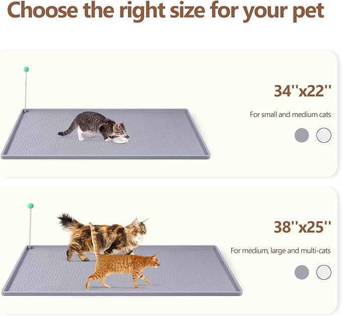 Large Cat Litter Mat with Toy Ball, 38'' x 25'' Silicone Cat Litter Trapping Mat for Scatter Control, Soft on Kitty Paws, Easy to Clean (Light Grey)