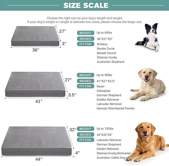 Waterproof XL Dog Beds Large Sized Dog, Outdoor Washable Crate Pad 42 inch, Extra Large Foam Orthopedic Pet Bed with Durable Removable Cover Reversible, XLarge Anti-Slip Kennel Pads, 41"x27", Gray