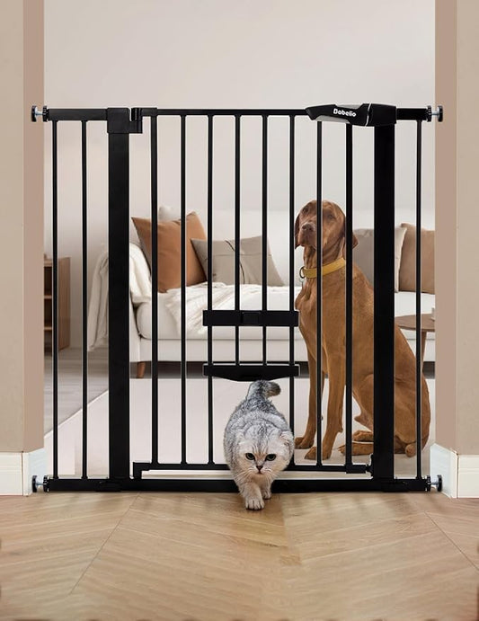 BABELIO 36 Inch Extra Tall Baby Gate with Cat Door,29.5-40" Metal Pet Door for Stairs,Doorways,House,Auto Close,Easy Walk Thru,Black