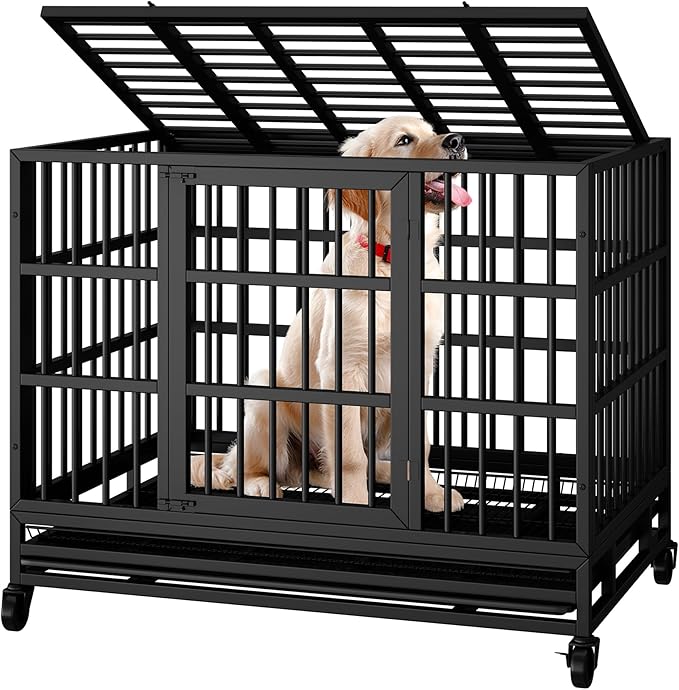 Shintenchi 38 inch Heavy Duty Crates for Large Dog, Indestructible and Escape-Proof Cage Kennel with Lockable Wheels, Double Door High Anxiety with Removable Tray, Black