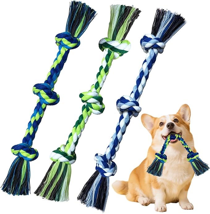 Rocfish [3 Pack] Puppy Dog Rope Toys, 17.8 in 3 Knots Chew Toy for Small Medium Dogs, Heavy Duty Puppy Rope Toy, Natural Cotton Pull Toy for Tug of War and Teeth Cleaning