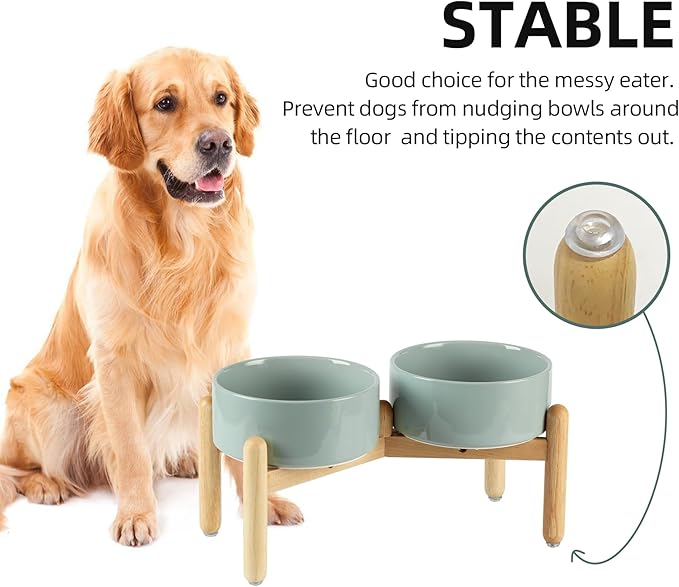 Ceramic 7.3inch Raised Double Bowls Set with Wooden Stand, Food & Water Bowls for Medium Breed Dogs, Weighted Dog Dishes, Pet Feeder(Light Green)