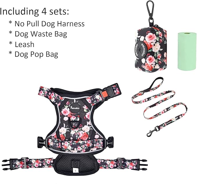 Petmolico No Pull Dog Harness Set with Leash Attachment Easy Control Handle Reflective Harness Vest Small Breed, Puppy Vest and Leash Set with Poop Bag Holder, Small - Red White Flower