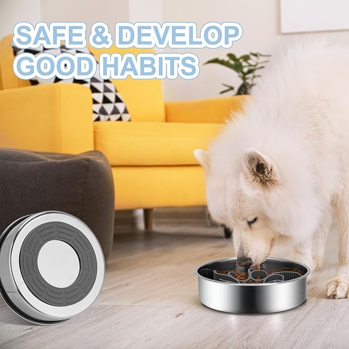 2-in-1 Slow Feeder Dog Bowls, Stainless Steel Pet Bowls with Silicone Feeder Insert, Removable Non-Slip Rubber Base for Dogs to Slow Down Eating (Medium Breed)