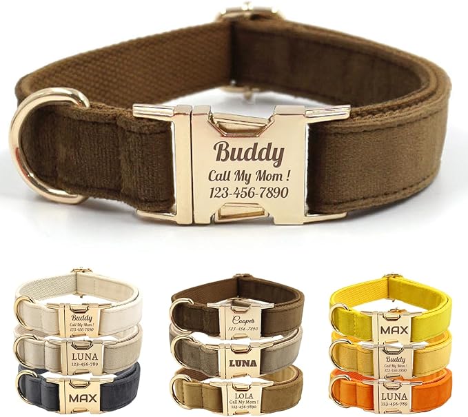 Velvet Personalized Dog Collar with Name - Customizable Dog Collar with Quick Release Metal Buckle - Leash and Bow Tie Available (Dark Brown, XL)