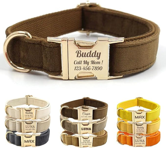 Velvet Personalized Dog Collar with Name - Customizable Dog Collar with Quick Release Metal Buckle - Leash and Bow Tie Available (Dark Brown, XL)
