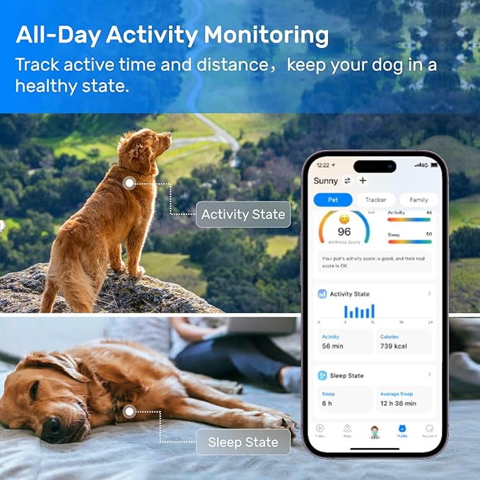 Dog GPS Tracker, Smart Waterproof Tracker with Real-Time Location, Escape Alerts, Activity Monitor, iOS & Android Compatible, for Dogs 40 lbs+ (Black)