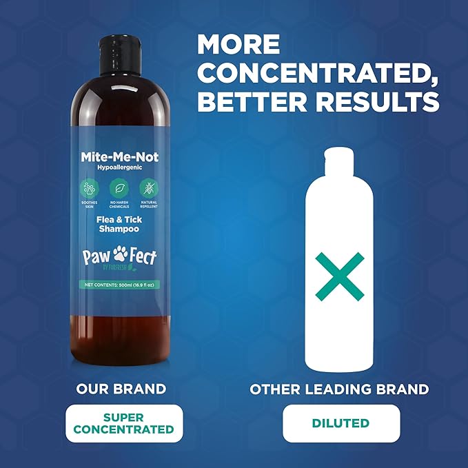 Hypoallergenic Flea and Tick Relief 16.9oz Dog Shampoo for Sensitive Skin Mite Me Not Formula for Itchy and Dry Coats Deep Cleansing and Moisturizing Pet Wash for Dogs and Puppies 500ml