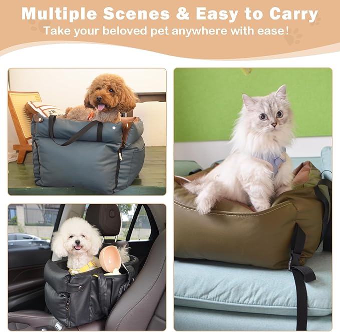 Dog Car Seat for Large Dogs, Large Leather Dog Car Bed with Storage Pocket, Waterproof PVC Leather Booster Seat Travel Bed for Front & Back Seat, Clip-On Safety Leash (Blue/Brown)