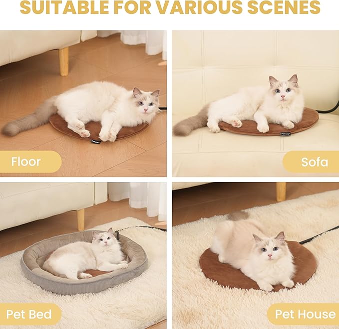 Heated Pet Pad for Dogs and Cats, Waterproof Heating Mat with Chew-Resistant Cord, Constant Warmth for Indoor & Covered Outdoor Use, Multiple Sizes and Colors (Brown, R: 16" × 16" × 1.3")