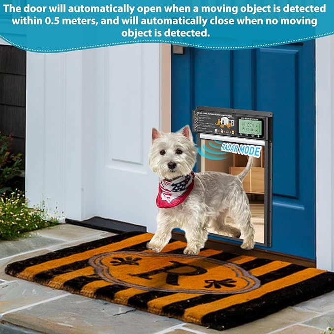 Smart Automatic Pet Door, Radar, Timer & Light Sensor Modes, Solar & USB Rechargeable, Durable Aluminum, Weatherproof, 10"×13", 24/7 Operation for Small Pets Up to 45 lb (White)
