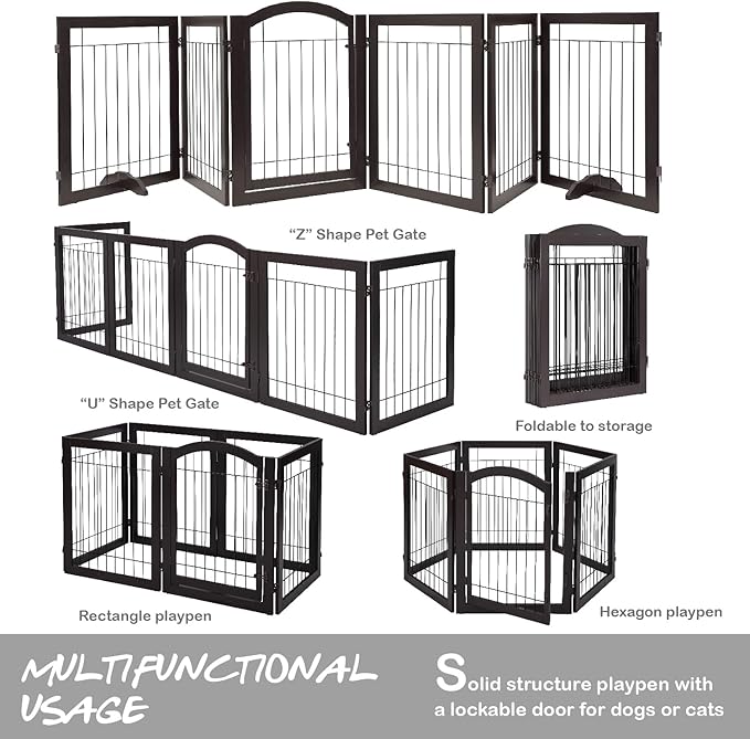 PAWLAND 144-inch Extra Wide 30-inches Tall Dog gate with Door Walk Through, Freestanding Wire Pet Gate for The House, Doorway, Stairs, Pet Puppy Safety Fence, Support Feet Included, Espresso,6 Panels