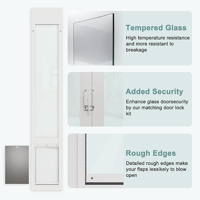 Doggie Door for Sliding Glass Doors, Adjustable Height 76 1/8"-80 7/8" Aluminum Frame Tempered Sliding Door Dog Doors Insert with Lock,XL Transparent 10" x 15" Flap Size for Large Dogs