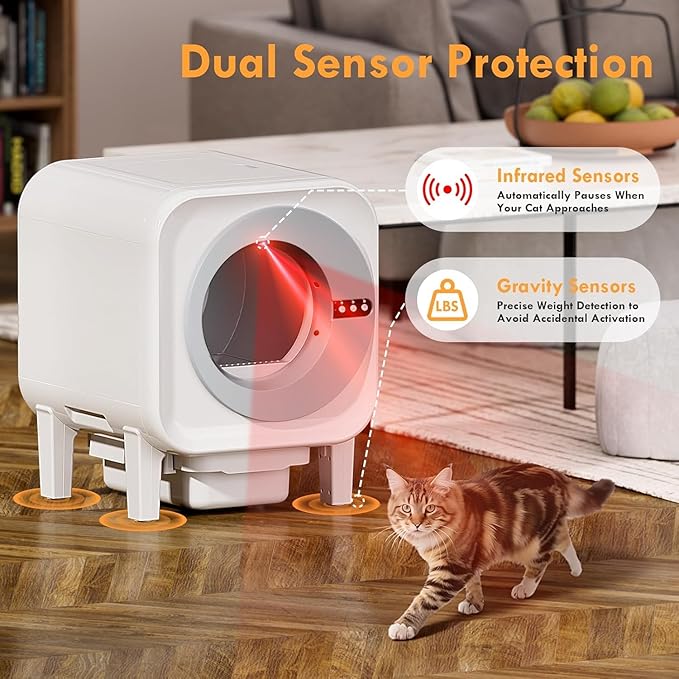 Automatic Cat Litter Box, Self Cleaning Litter Box with App Control, 75l Large Cat Litter Boxs for Multi-Cat Homes, Infrared & Weight Sensors, Odor Eliminator, Easy Cleaning, 20 Trash Bags, Silver