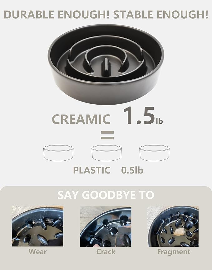 Ceramic Slow Feeder Dog Bowls, 0.6 Cup Slow Feeder for Small Dogs and Cats, Puzzle Maze Bowl, Prevents Choking, 6in, Black