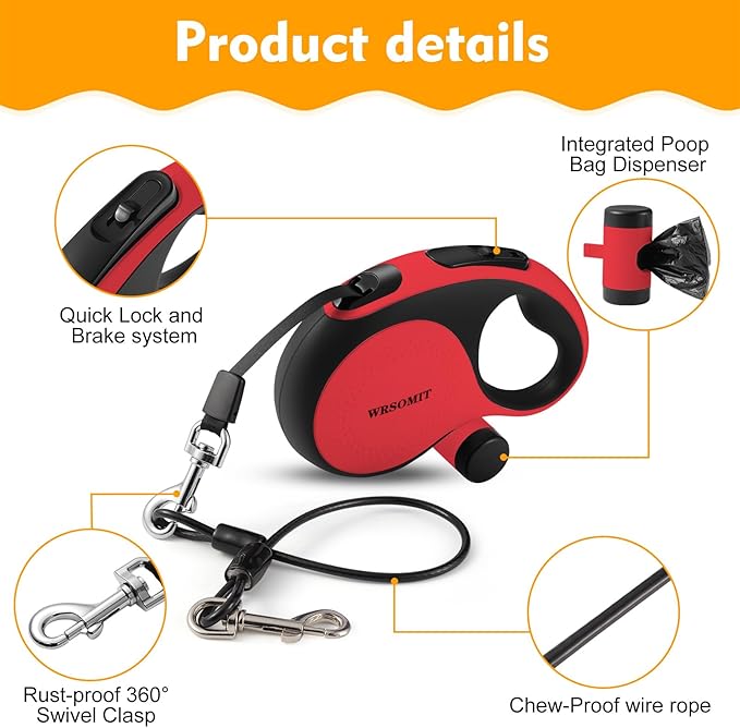 Retractable Dog Leash with Chew Proof Cable, 26Ft Heavy Duty Dog Leash for Medium Large Dogs up to 110lbs, 360° No Tangle, One-Handed Brake (Red)