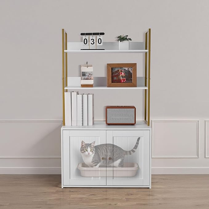 VEVOR Cat Litter Box Enclosure Furniture, 27.6 in Hidden Litter Box Cabinet with Metal Legs & 2-Tier Storage Shelves, Waterproof Washroom Cat House, Fit Most of Litterbox, for Living Room
