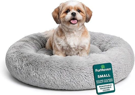 FurHaven 23" Calming Donut Dog Bed for Small Dogs & Cats, Round Plush Donut Design with Soft Filling for Snuggling Comfort, Removable Washable Cover, Small, Shaggy Faux Fur, Mist Gray