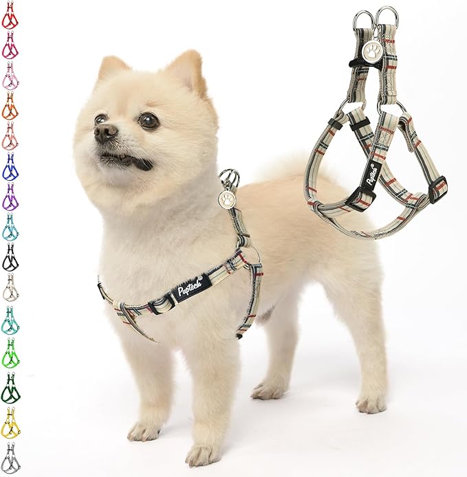 PUPTECK No Pull Dog Harness Soft Adjustable Basic Nylon Step in Puppy Vest Outdoor Walking with ID Tag, Plaid Beige, S