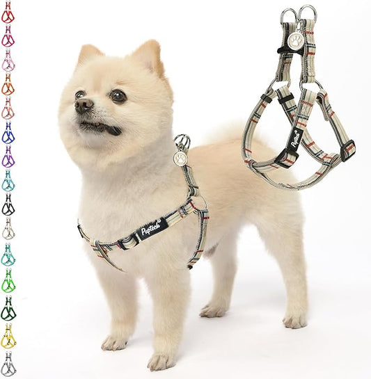 PUPTECK No Pull Dog Harness Soft Adjustable Basic Nylon Step in Puppy Vest Outdoor Walking with ID Tag, Plaid Beige, S