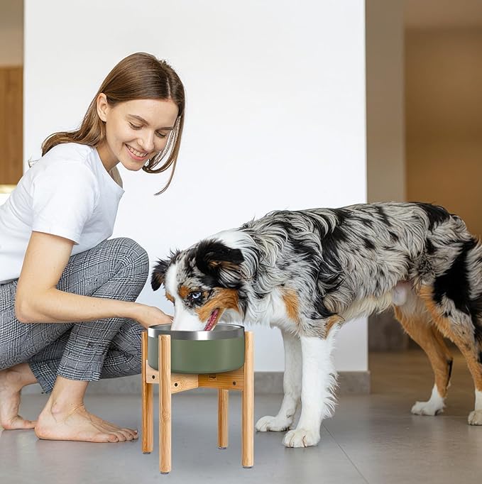 Dog Bowl Stand for Large Dogs (See Size Guide) - Use to Elevate, Raise Dog Food and Water, Deter Ants/Bugs - Expandable Sideways, Fits Various Sizes of Slow Feeders, Dishes/Fountains - Bamboo