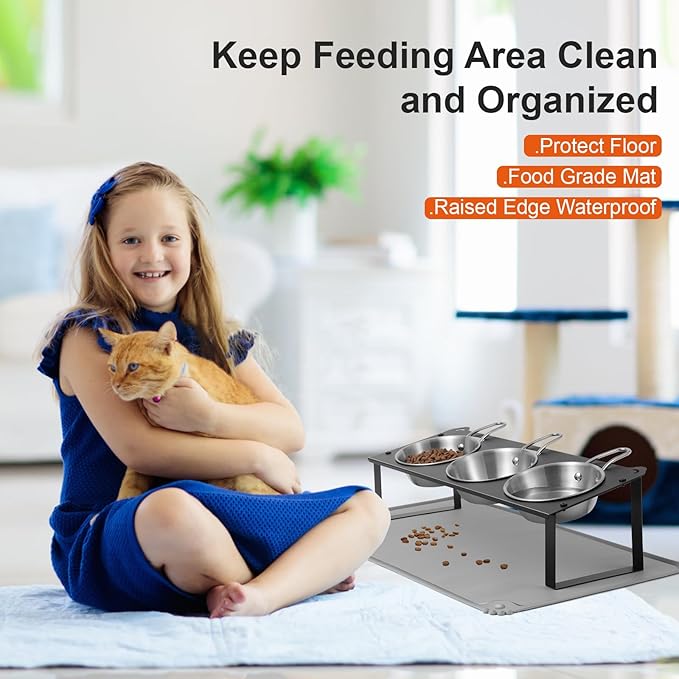 Elevated Cat Bowls with Food Mat, 10°Tilted Non-Slip Raised Cat Food Water Bowls Set, 3 Thick Stainless Steel Pets Dishes with Handles to Indoor Kitten Puppy, Anti-Vomiting Cute Metal Feeding Stand